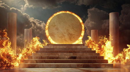 A stunning depiction of ancient temple ruins, engulfed in flames under a dramatic sky. Explore the mystical ambiance created by the fiery glow and architectural grandeur.の素材
