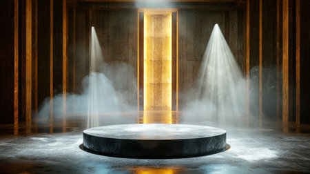 A captivating stage scene featuring a circular platform with dramatic spotlights and mist creating an enchanting atmosphere perfect for performances.の素材