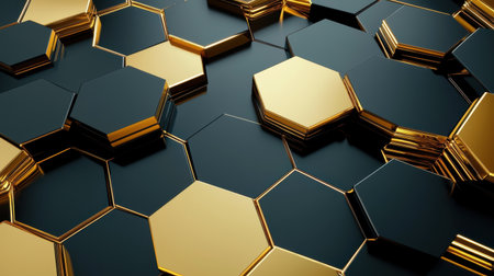 This striking abstract background features a dynamic arrangement of metallic hexagons on a sleek black surface, showcasing elegance and modern design.の素材