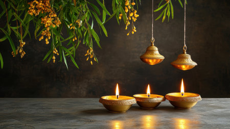 This image showcases elegant decorative lamps with glowing flames, creating a warm ambiance. The tranquility of the scene evokes a sense of peace and celebration.の素材