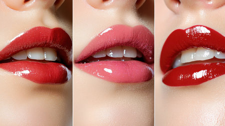 Captivating close-up of glossy lips showcasing three vibrant shadesの素材