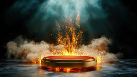 A striking visual of a fiery explosion erupting from a platform, creating an intense atmosphere. The play of light and smoke adds drama and impact.の素材