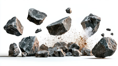 This dynamic image captures a dramatic explosion of rocks scattering dust and debris in mid-air, showcasing the force and energy of impact against a clean background.の素材