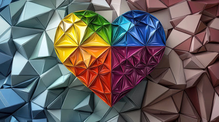 This vibrant geometric heart shape features a variety of colors and textures, set against a faceted 3D background. Ideal for artistic themes.の素材