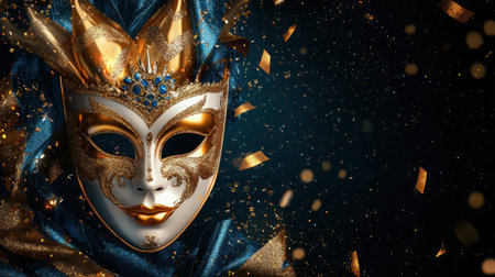 An elegant gold and blue mask adorned with sparkling elements, perfect for celebrations and masquerade events. The intricate design captivates with its mystery and charm.の素材