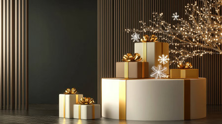 Stunning arrangement of elegant gift boxes with golden bows, illuminated by sparkling lights. Perfect for holiday celebrations and festive events.の素材