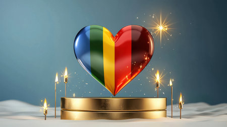 Vibrant heart symbol featuring the colors of the Romanian flag, surrounded by sparkling effects. A perfect representation of love and national pride.の素材