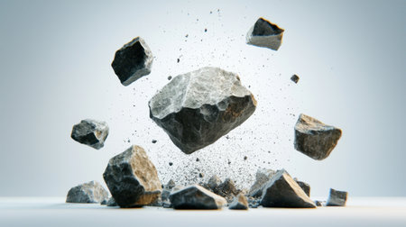 Dynamic image of rocks exploding, showcasing the force of impact and scattering debris. The scene captures natural textures and visual energy, perfect for creative projects.の素材