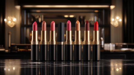 A stunning showcase of lipstick shades arranged elegantly, emphasizing beauty and luxury. The vibrant colors and stylish packaging highlight modern makeup trends.の素材