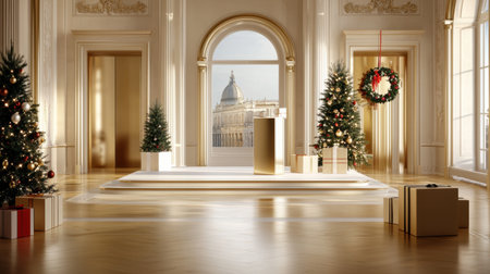A stunning interior featuring elegant holiday decor with Christmas trees, gifts, and a view of a beautiful cityscape. Perfect for seasonal celebrations.の素材