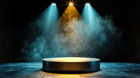 This image features a circular platform on a dark stage, illuminated by colorful spotlights and surrounded by dramatic smoke, ideal for theatrical or performance settings.の素材