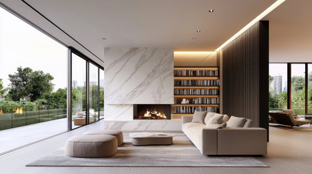 This modern minimalist living room features a stunning fireplace, elegant bookshelves, and abundant natural light, creating a serene and inviting atmosphere.の素材