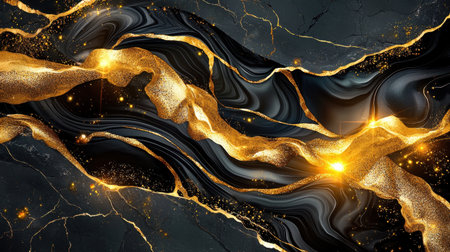 Stunning abstract image featuring elegant black and gold marble with glittering accents, ideal for luxury backgrounds, modern decor, or artistic projects.の素材
