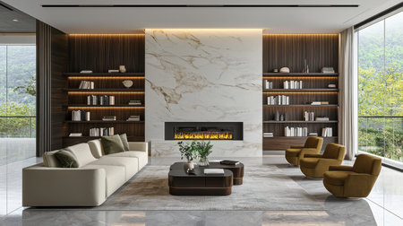 Modern living room featuring a marble fireplace and stylish furniture. Bright, cozy space with elegant decor and a touch of nature for relaxation and comfort.の素材