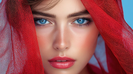 A captivating close-up portrait featuring a young woman with striking blue eyes draped in a soft red veil, exuding beauty and elegance with vibrant colors.の素材