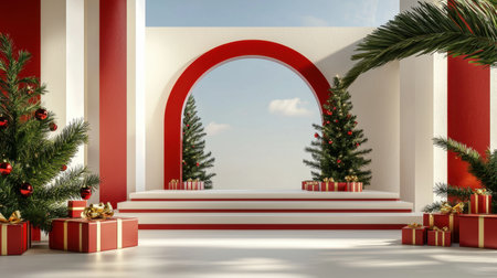 A vibrant Christmas scene featuring red and white decor, adorned with festive trees and beautifully wrapped gift boxes, creating a joyful holiday atmosphere.の素材