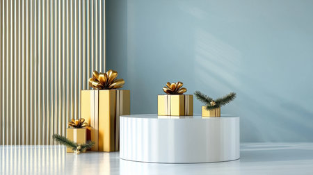 This image features elegant gold gift boxes adorned with green accents, placed on a minimalist surface against a soft background, perfect for holiday themes.の素材