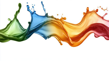 A stunning splash of vibrant colors in blue, green, yellow, orange, and red flows gracefully against a white background, creating an energizing and artistic look.の素材