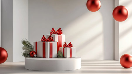 A chic arrangement of holiday gift boxes adorned with red bows and ornaments on a circular platform, creating a festive atmosphere perfect for seasonal celebrations.の素材