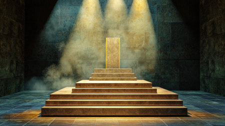Stunning illuminated stage featuring a golden throne on a stone pedestal, surrounded by smoke and dramatic lighting, perfect for theatrical performances or artistic concepts.の素材