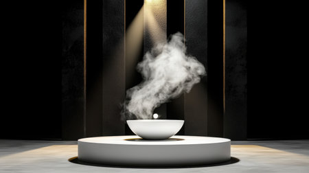 A minimalist setting featuring a round bowl surrounded by smoke, illuminated by soft light. Ideal for concepts of tranquility and modern design.の素材