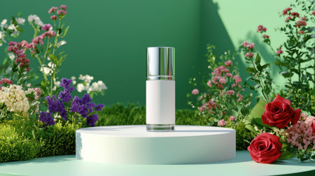 An elegant skincare bottle beautifully arranged in a vibrant garden setting. This image captures the essence of beauty and wellness, emanating tranquility and freshness.の素材