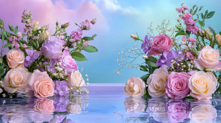 A beautiful floral arrangement featuring soft pastel roses and delicate blossoms reflected on a serene surface, creating a tranquil and elegant atmosphere perfect for any occasion.の素材