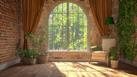 A warm and inviting room featuring a large window that allows sunlight to filter through, adorned with lush greenery and elegant decor elements.の素材
