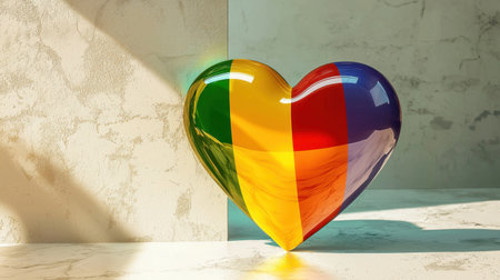 A vibrant heart-shaped object showcasing colorful patterns and reflections, perfect for themes of love, joy, and creativity in modern design aesthetics.の素材