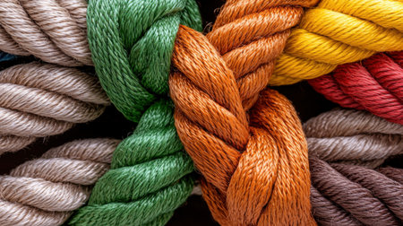 Intricately entwined colorful ropes create an aesthetic abstract background, showcasing rich textures and vibrant hues perfect for artistic or design projects.の素材