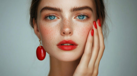 Captivating portrait of a young woman showcasing freckles and striking blue eyes. Her bold red lipstick and elegant accessories create a vibrant beauty statement.の素材