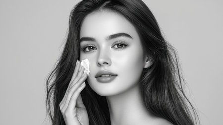 A captivating black and white portrait of a young woman applying skincare with a cotton pad, showcasing her smooth skin and elegant expression.の素材