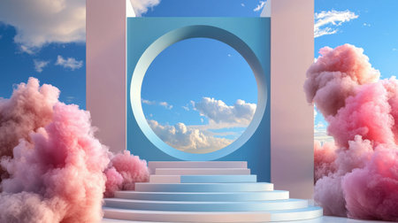 An enchanting pastel landscape featuring a circular arch surrounded by fluffy pink clouds, inviting a sense of serenity and creative inspiration. Perfect for modern design themes.の素材