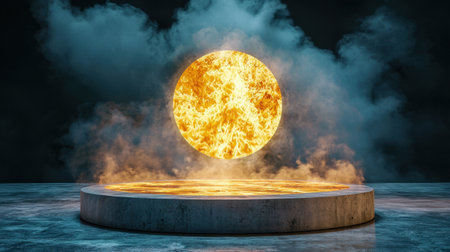 A mesmerizing depiction of a glowing sun hovering above a circular base, surrounded by swirling smoke. The artwork captures a balance between intense light and dark, evoking a sense of wonder.の素材