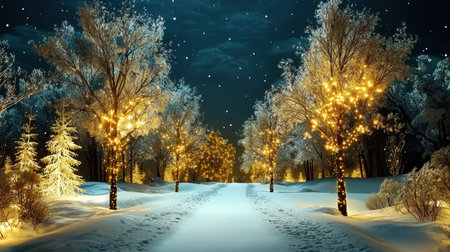 A captivating winter night scene featuring a snowy pathway lined with illuminated trees. This serene landscape evokes a magical, festive atmosphere under a starry sky.の素材