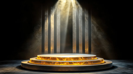 A striking stage featuring a round platform illuminated by golden light and powerful beams. Perfect for events, performances, and creative presentations.の素材