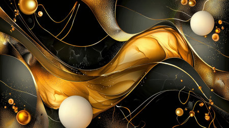 This stunning abstract artwork showcases elegant waves of gold and black, featuring smooth curves and spherical elements that create a luxurious feel. Perfect for modern design projects.の素材