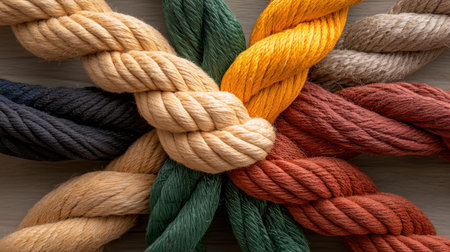 A stunning arrangement of colorful ropes showcases various textures and fibers, blending artistic design with natural elements for a captivating visual experience.の素材