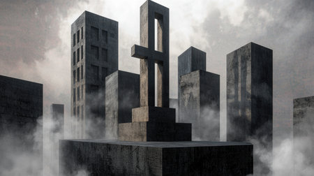 An abstract stone structure rises above a foggy urban landscape. Tall buildings surround it, creating a dramatic and mysterious atmosphere, perfect for creative projects.の素材