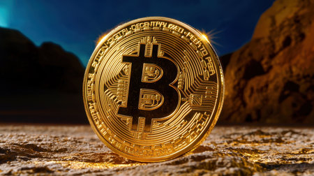 A striking image of a gold bitcoin coin resting on a rocky surface, illuminated by blue light. This visual captures the essence of digital currency and cryptocurrency.の素材