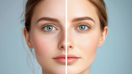 Side-by-side comparison of a woman's skin showing texture improvement after skincare treatment, highlighting the importance of a good skincare routine for a radiant appearance.の素材