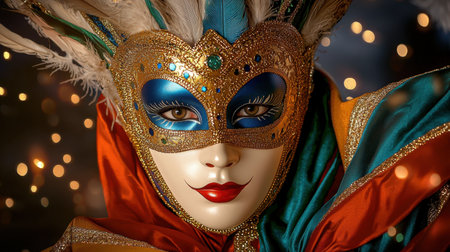 This stunning close-up features a colorful Venetian mask adorned with feathers and intricate details, ideal for showcasing artistic elegance and festive spirit.の素材