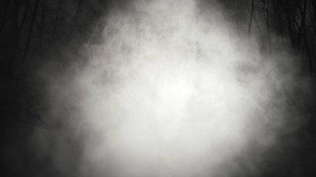 Ethereal fog envelops a dark forest, creating a mysterious and haunting atmosphere. Ideal for projects requiring a sense of depth and intrigue.の素材