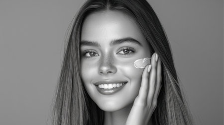 A cheerful young woman applies a skincare cream to her face, showcasing a glowing complexion. The monochrome image captures beauty and serenity in self-care.の素材