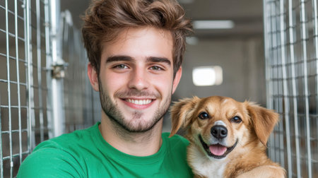 A young man holds a cheerful dog in an animal shelter, radiating joy and companionship. Their smiles reflect a deep bond, highlighting the importance of pet adoption.の素材