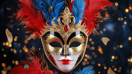A stunning carnival mask adorned with vibrant feathers and glitter, capturing the essence of celebration and artistic expression. Perfect for festive themes.の素材