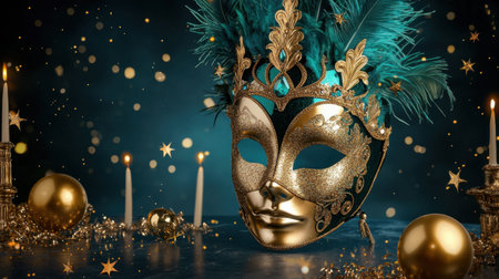 A stunning gold mask adorned with feathers and sparkles set against a dark, festive background. Perfect for parties, celebrations, and theatrical events.の素材