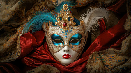 Captivating close-up of an ornate Venetian mask adorned with feathers and rich fabrics, showcasing intricate designs and vibrant colors, perfect for festive themes.の素材