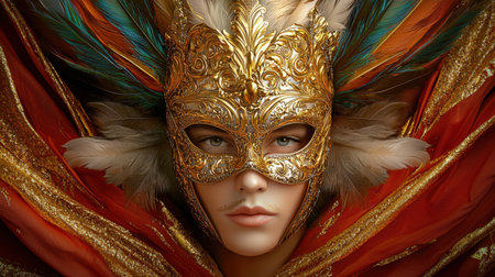 This captivating portrait features an elegant golden mask adorned with feathers, creating a striking visual rich in detail and vibrancy, perfect for festival themes.の素材