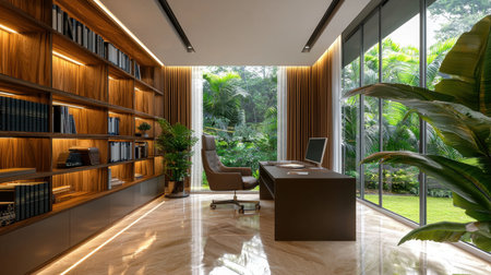 A modern home office featuring wooden shelves, a sleek desk, and large windows. Lush greenery outside creates a serene and inspiring workspace atmosphere.の素材